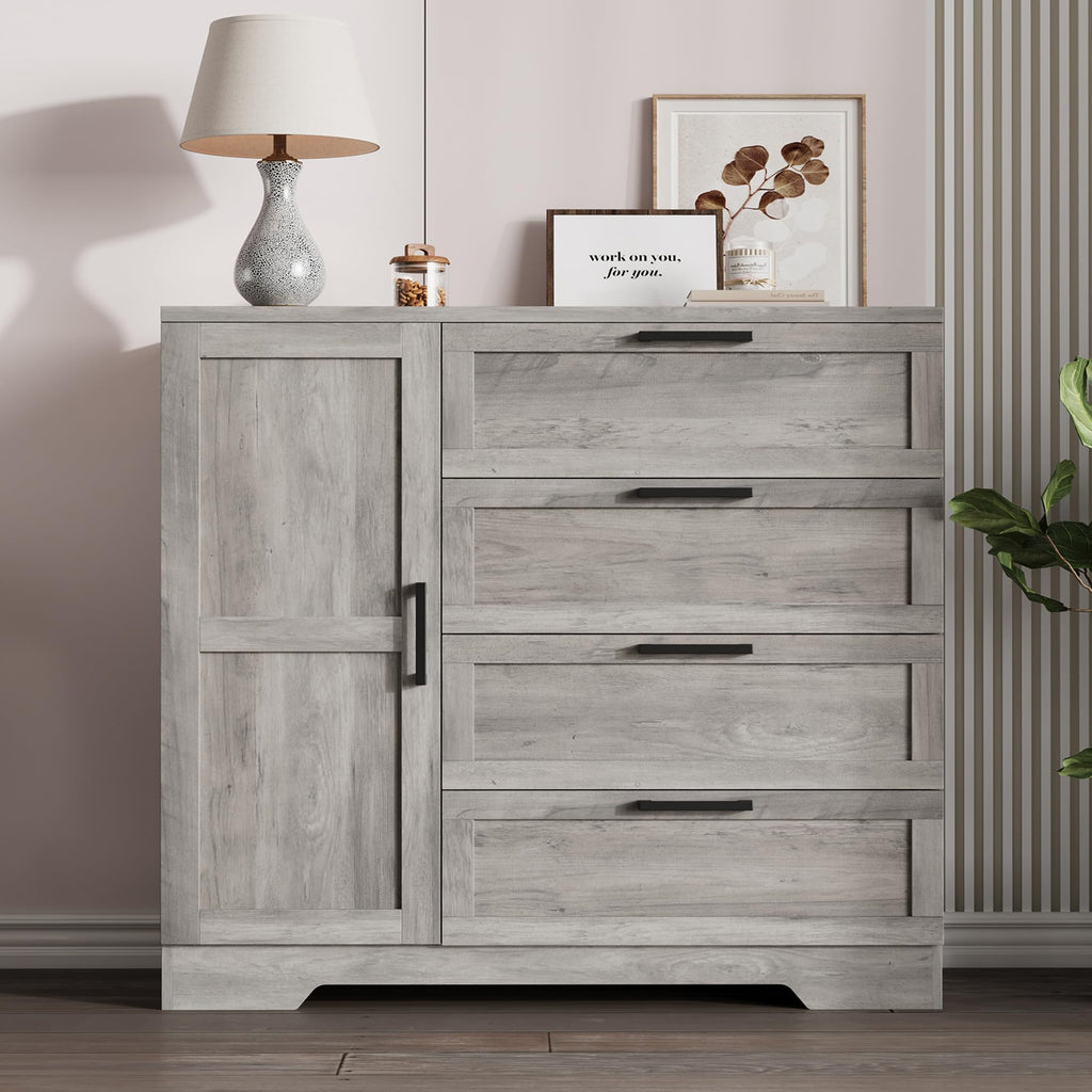 43.3'' H Armoire Wardrobe Closet with 4 Drawers and Hanging Rod, Multifunctional Wood 4 Drawers Dresser with Storage