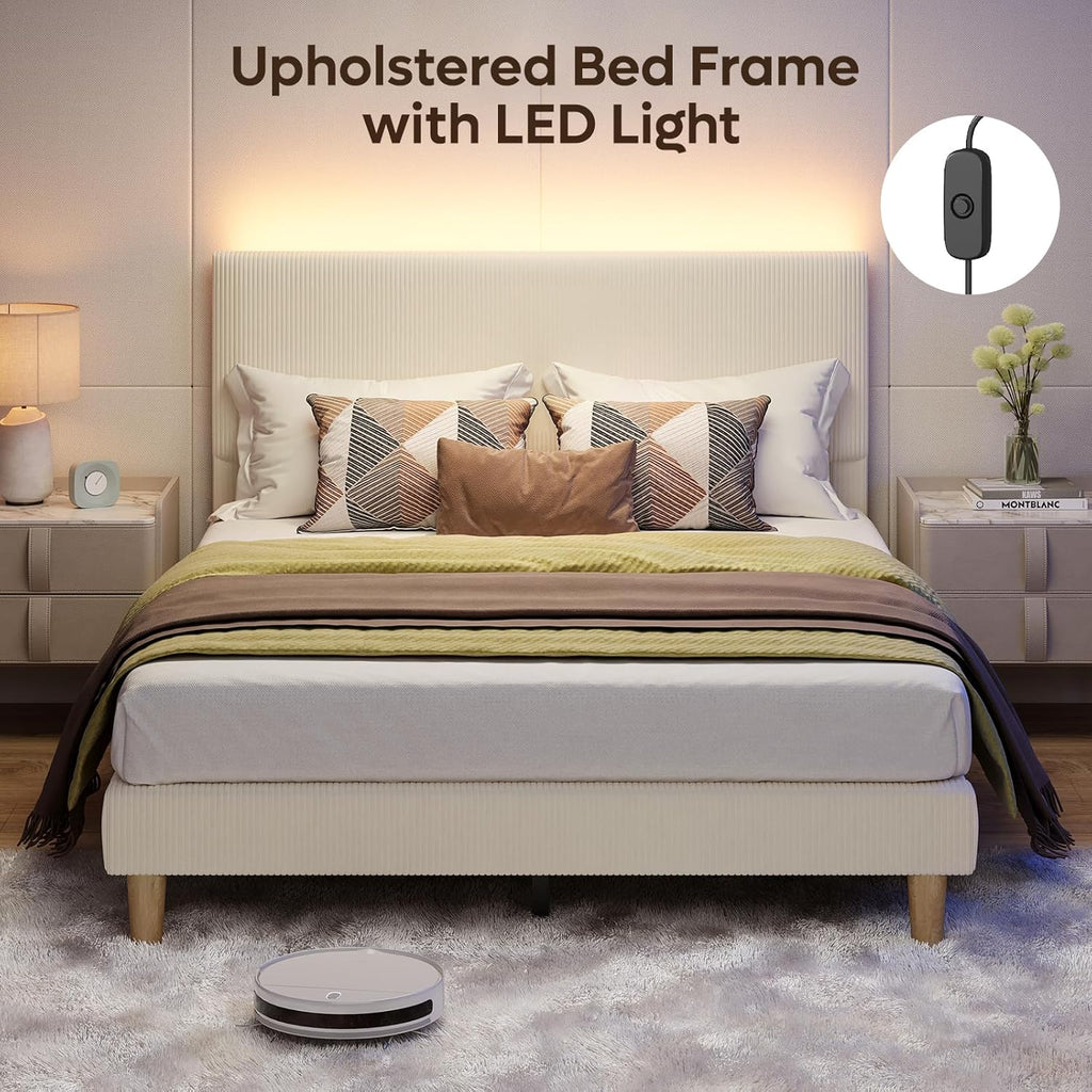Queen Bed Frame with Headboard,Platform Queen Bed Frame with LED Lighting,Bed Frame Wooden Slats Support,No Box