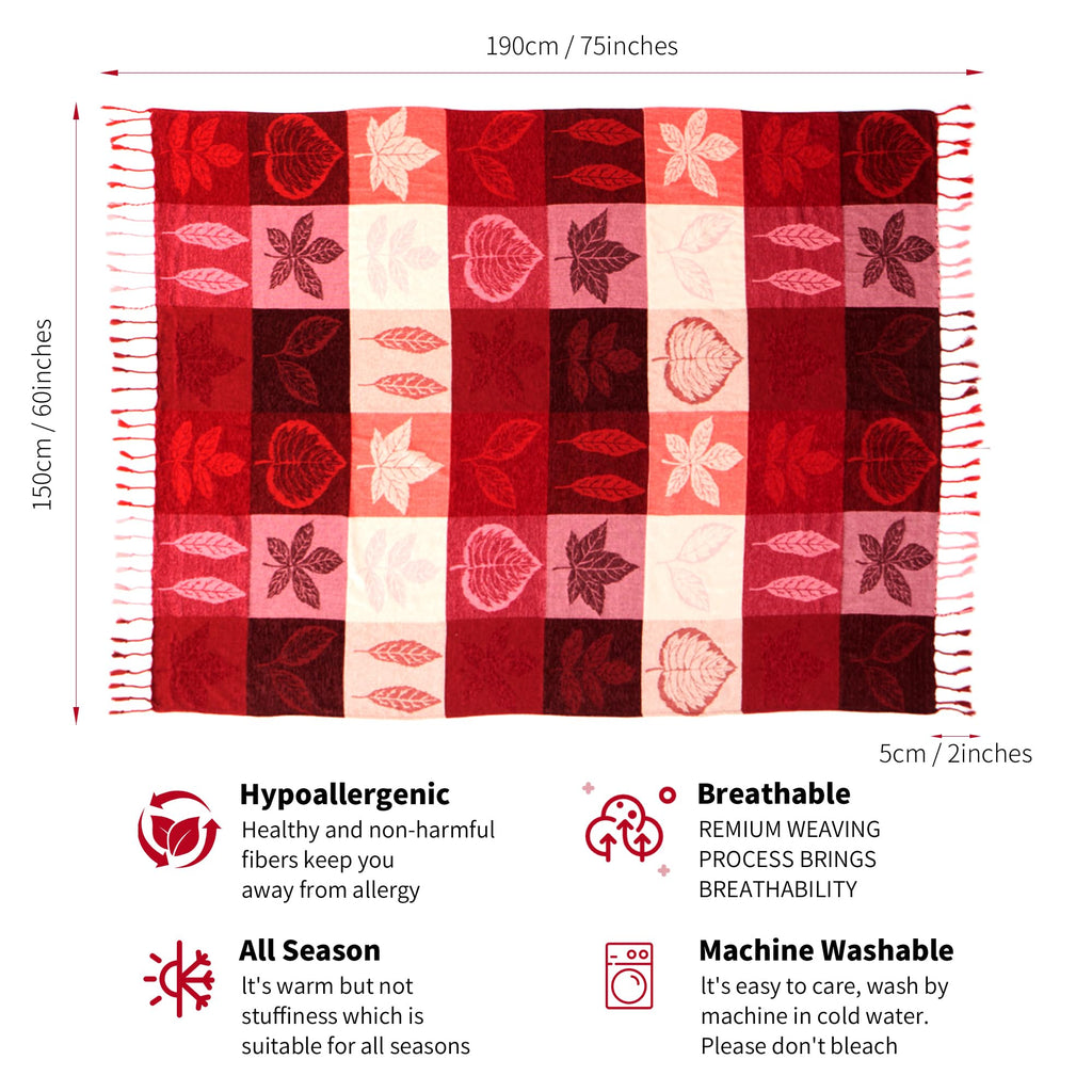Bohemian Chenille Jacquard Tassel Throws - Reversible Red&Pink Maple Leaf Design for Boho Hippie Vibes - Oversized