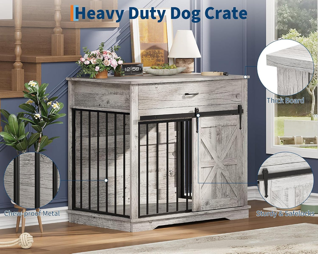 Dog Crate Furniture for Dogs, Farmhouse Style 2-in-1 Dog Crate with Sliding Barn Door, Dual