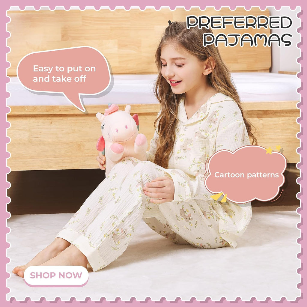 Girls 2 Pack 100% Muslin Cotton Pajama Set Button Down Pjs 2T