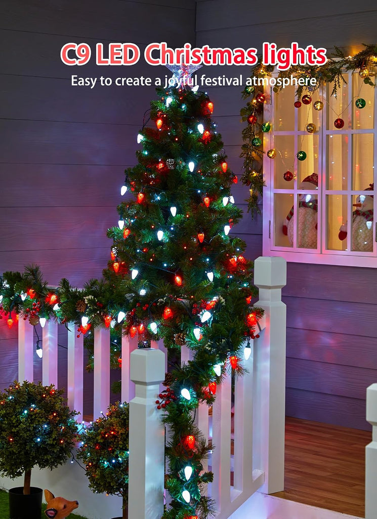 C9 Christmas Lights Outdoor, 114FT 150 LED C9 String Lights, Red|Pure White