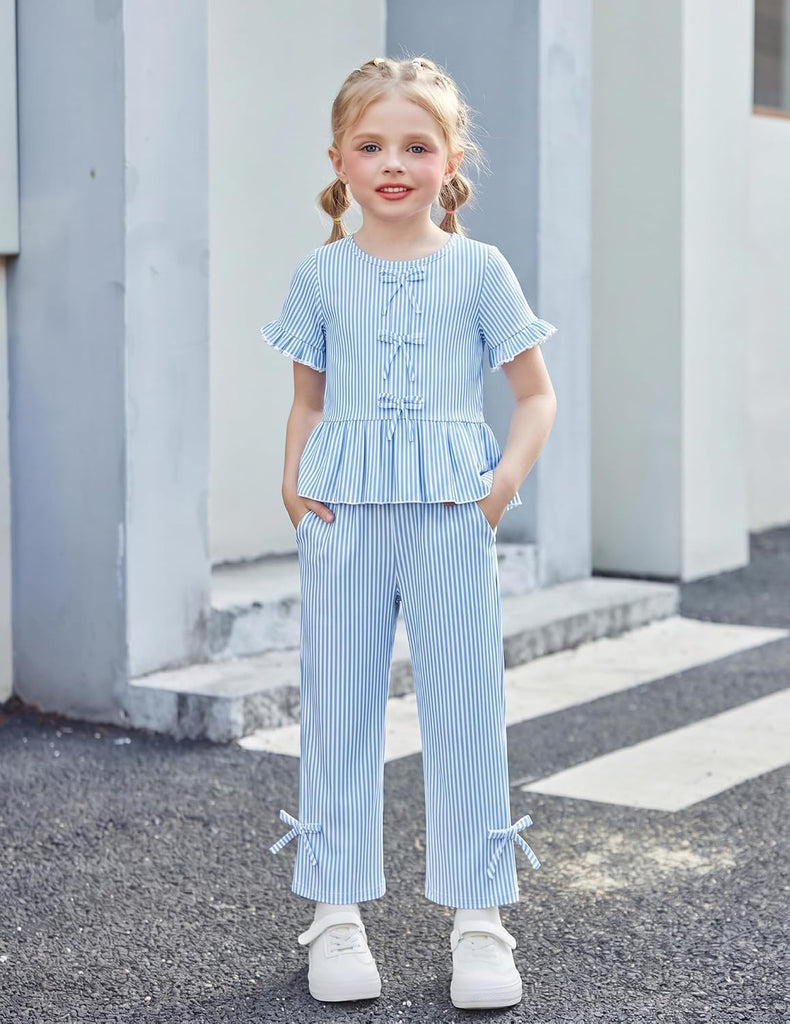 Girls Clothes 2 Piece Outfits Butterfly Knot Top and Wide Leg Pant