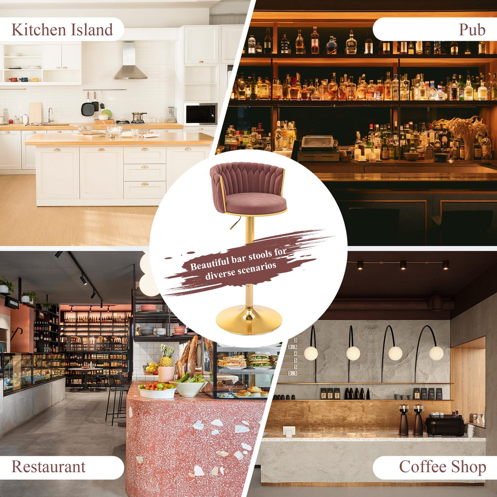 Gold Bar Stool Set of 6, Velvet Swivel Barstools, Height Adjustable Counter Stools with Woven Backrest, Upholstered