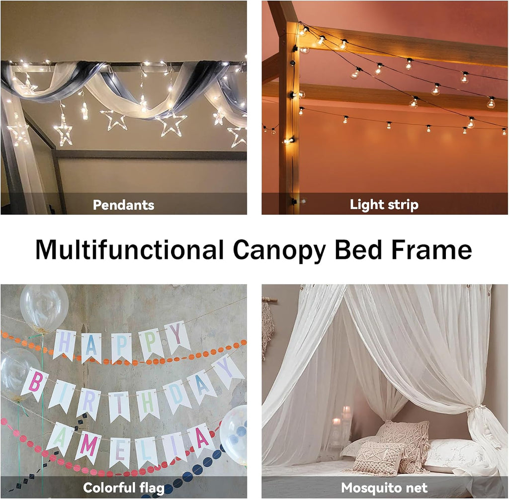 House Bed Frame with LED Lights, Solid Wood Montessori Floor Bed, Low Platform Kids Play House Bed for Boys