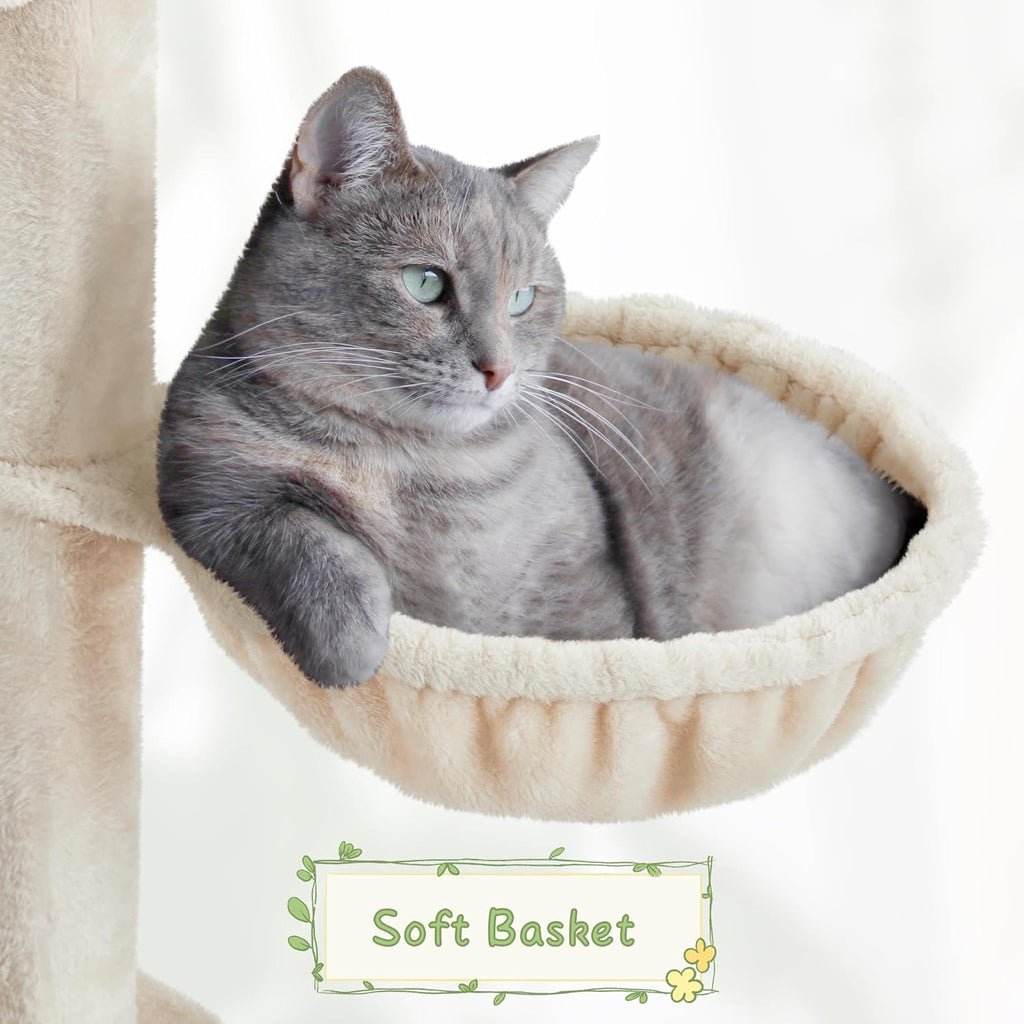 54in Rattan Cat Tree Tower with Woven-Style Nest and Hammock