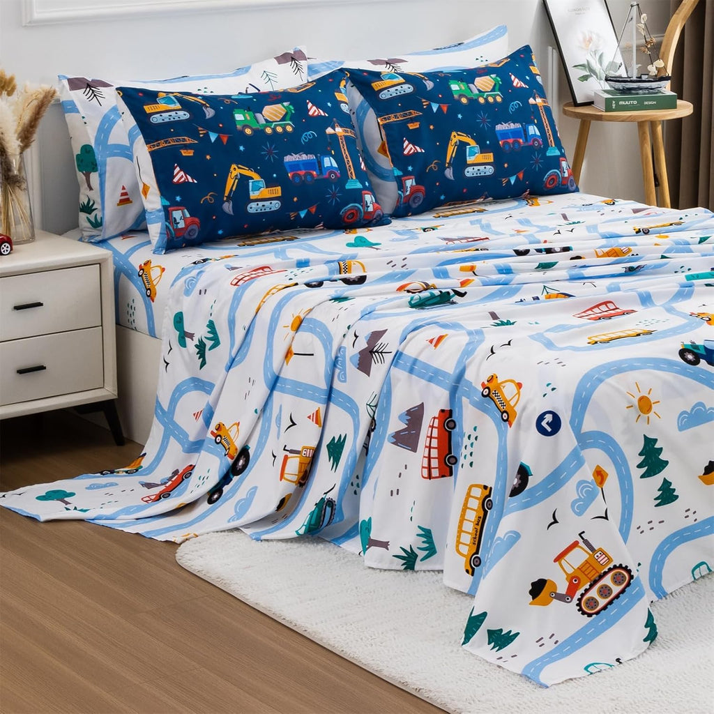 Cars Boy Bedding Comforter Set with Sheets, Full Cartoon Construction Car Excavator Print Kids Bed in