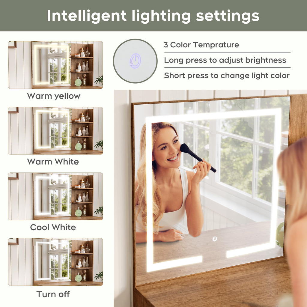 35" Boho Makeup Vanity Desk with LED Lighted Mirror & Power Strip
