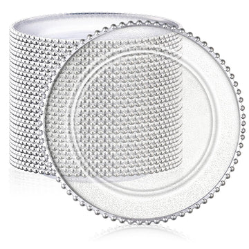 50 Pack Clear Charger Plates Bulk 13 Inch, Silver