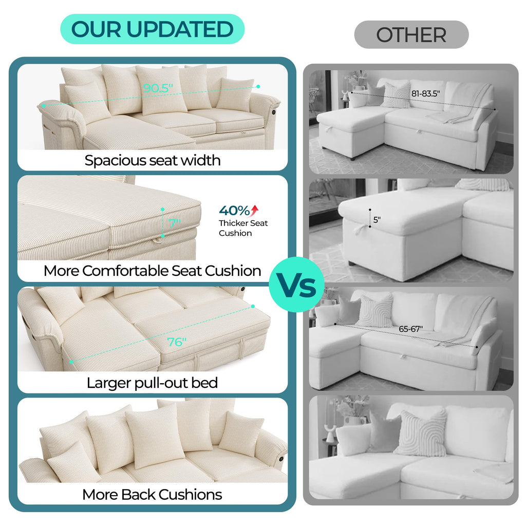 Sectional Couch with Pull Out Bed, Large Corduroy Modular Sleeper Sofa, Storage Chaise, Wide Armrest, 90" 3 Seats