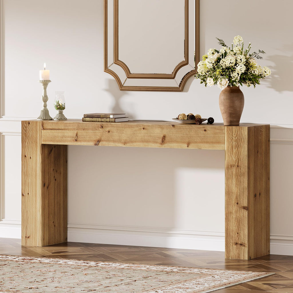 Solid Wood Console Table, 63-Inch Farmhouse Sofa Table Behind Couch, Foyer, Easy Assembly (Light Wood)