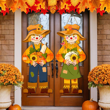 2 Pcs Thanksgiving Scarecrow Door Decor, Fall Welcome Hanging Sign