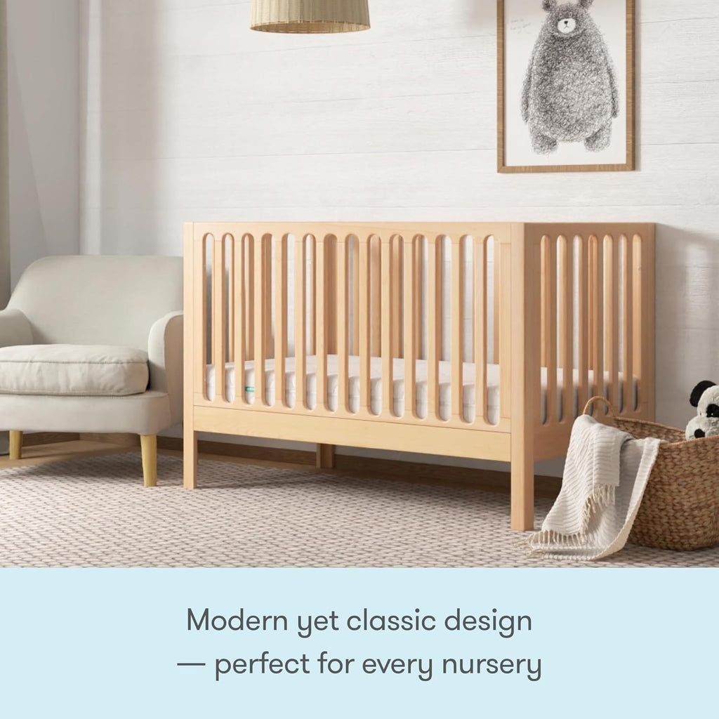Galileo Standard Crib, Solid Beech Wood in Natural Color, 3-in-1 Convertible Crib with Toddler Bed Conversion Kit