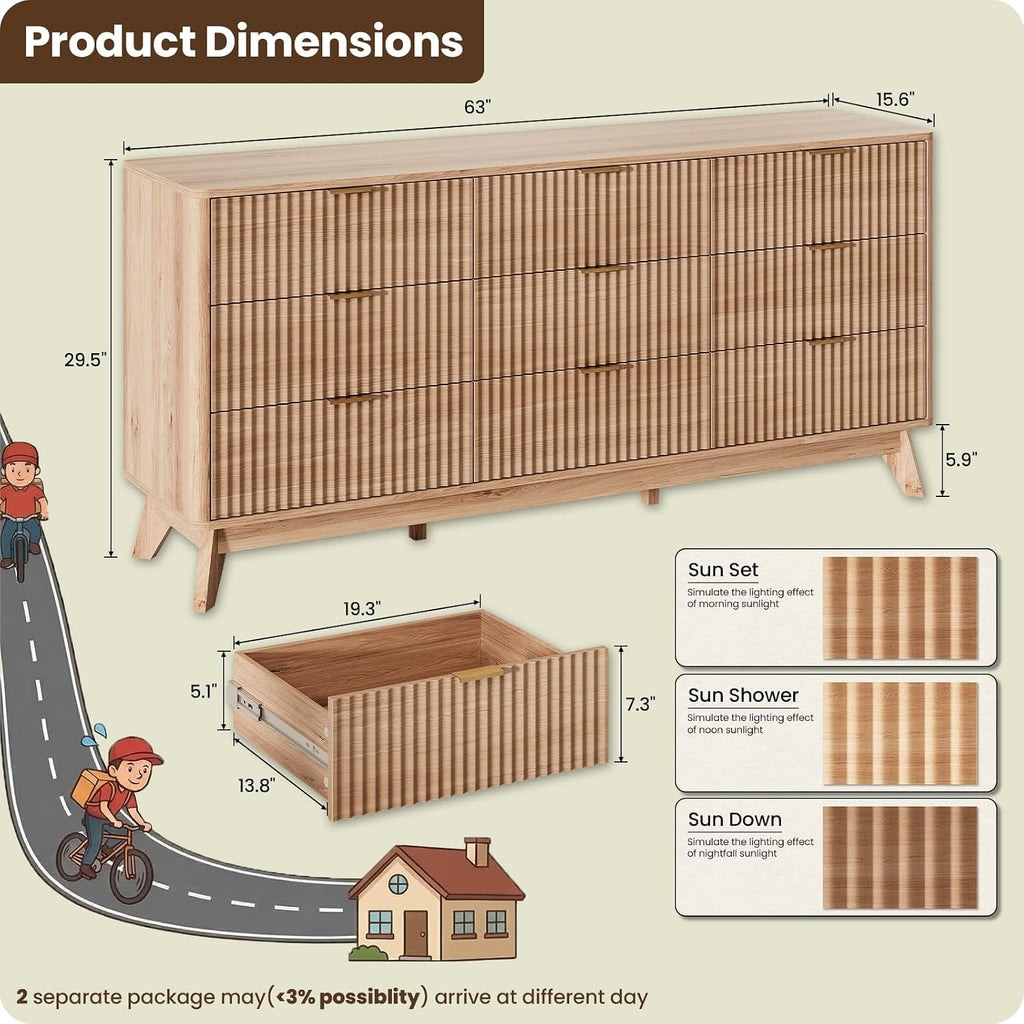 63'' Wide 9 Drawers Dresser ,Modern Fluted Vertical Chest with Rounded Corners,Fluted Dresser , Natural Wood