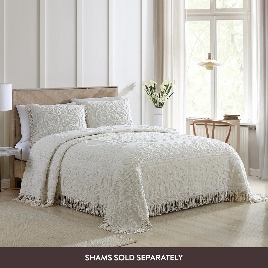 Medallion Queen Cotton Chenille Bedspread, Ivory