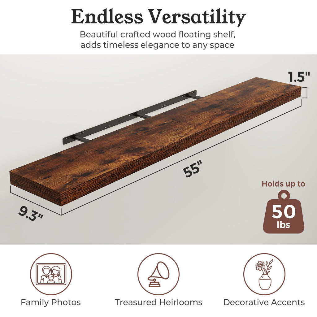 48" Brown Floating Shelves Wood Wall Shelf, Rustic Brown, Set of 1