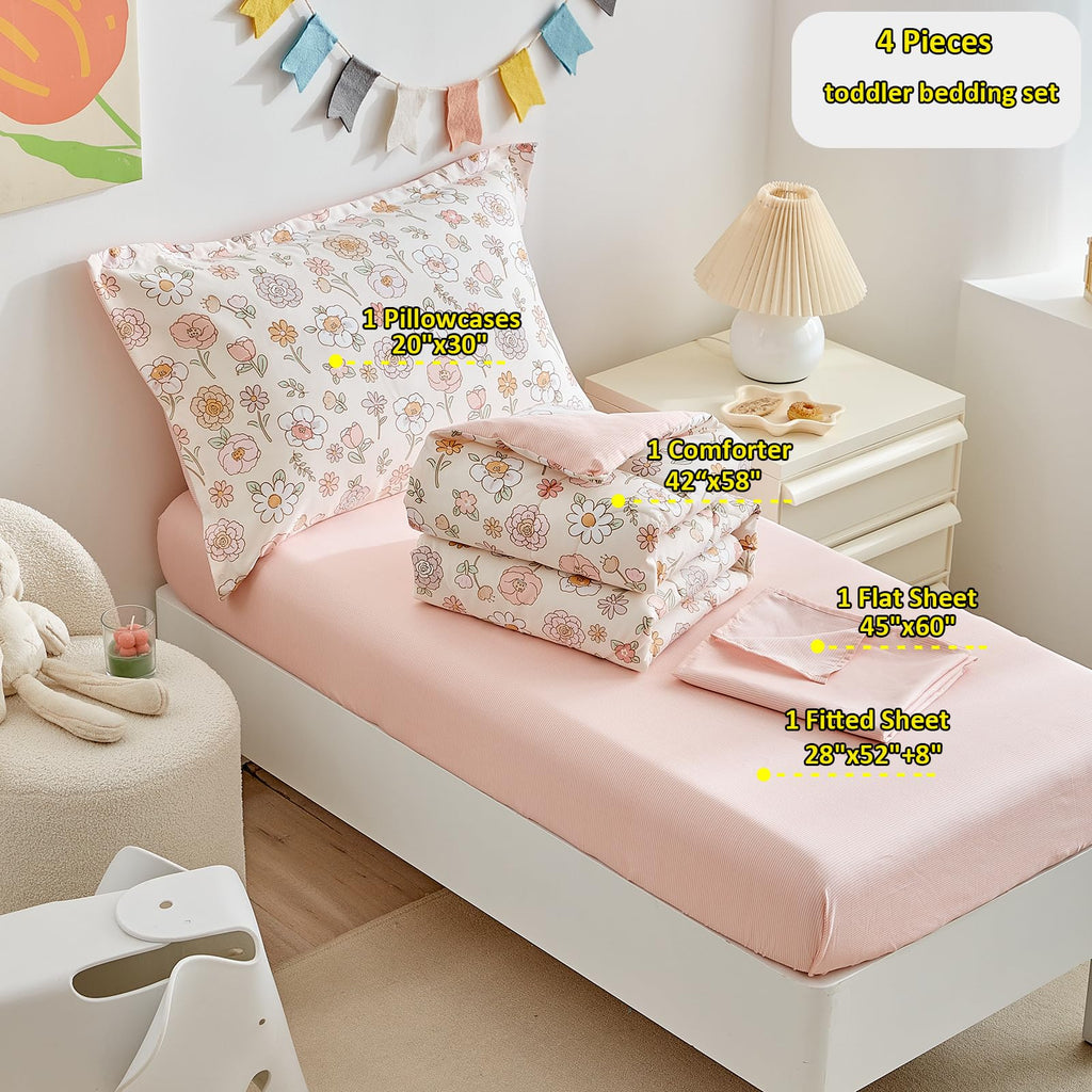 Floral 4 Piece Girls Toddler Bed Comforter Set Pink Flower Reversible Toddler Bedding Set Soft Baby Crib Bed Sheets
