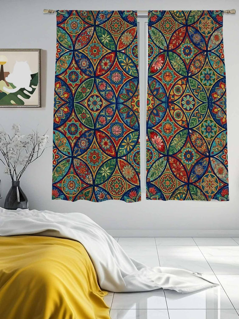 Vintage Boho Sheer Curtains 72 Inch Length 2 Panels, Ethnic Floral Geometric Green Blue Red Voile Kitchen Curtain