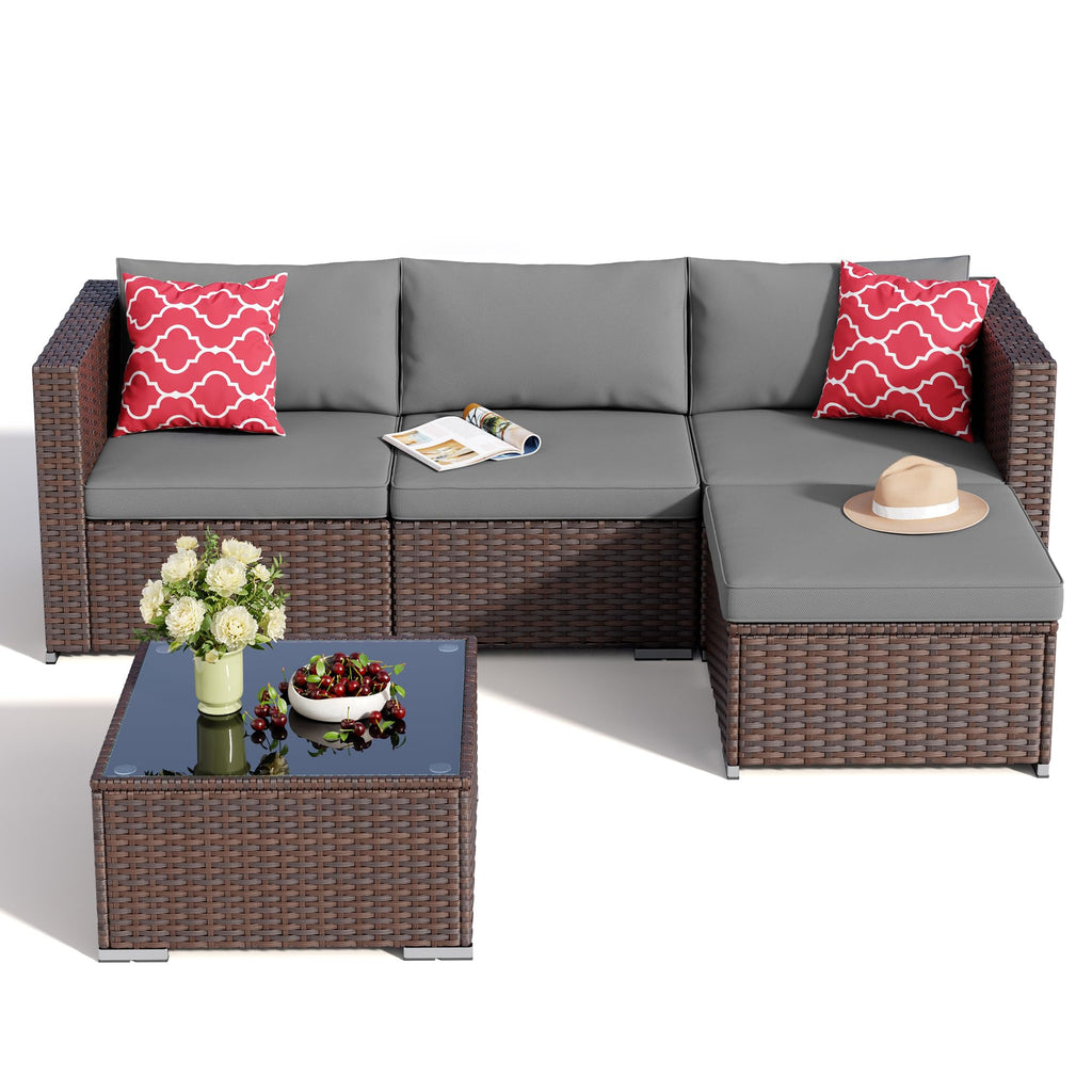 5 Pieces Patio Furniture Set All-Weather Outdoor Wicker Sectional Patio Furniture with Cushion and Glass Table (Grey)