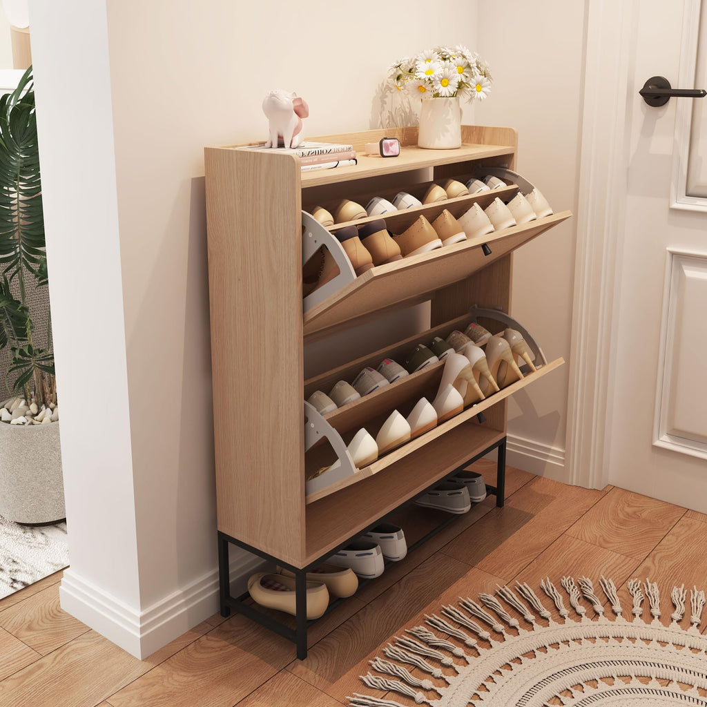 Narrow Shoe Storage Cabinet with 2 Flip Drawers, Freestanding Shoe Organizer Slim Shoe Cabinet Storage, Wooden Closed