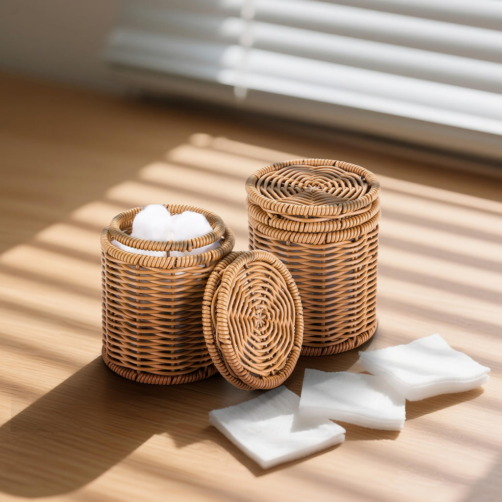 Rattan Q-tip Holder with Lid, Cotton Swab Canister
