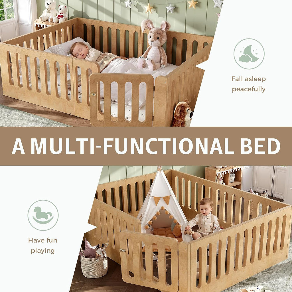 Wood Montessori Floor Bed Frame with High Fence, Natural
