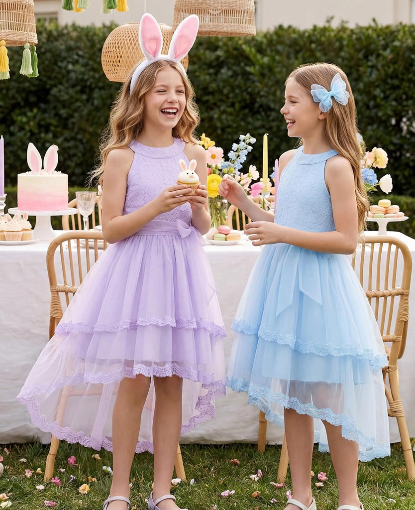 Flower Girl Dress Kids Wedding Guest Birthday Party Formal Lace Tulle Princess High Low Dresses 5