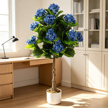 Artificial Hydrangea Tree, 3.1 FT Faux Hydrangea Plant in Pot with 9 Lifelike Blue Flowers, Fake Potted Flower Trees