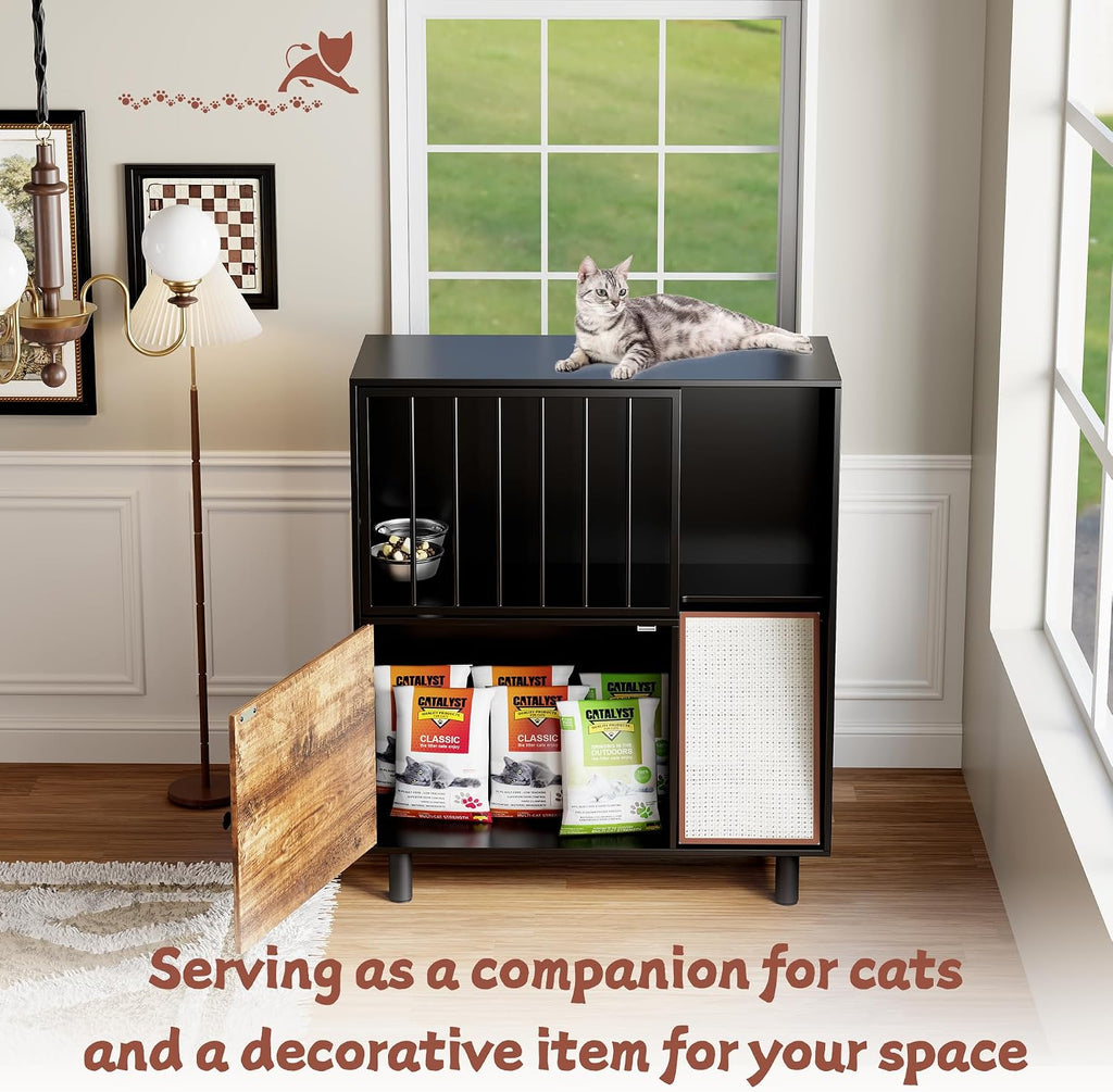 Dog Proof Cat Feeding Station, Cat Feeding Station Furniture with Storage and Cats Scratching Board, 2 Raised Pet