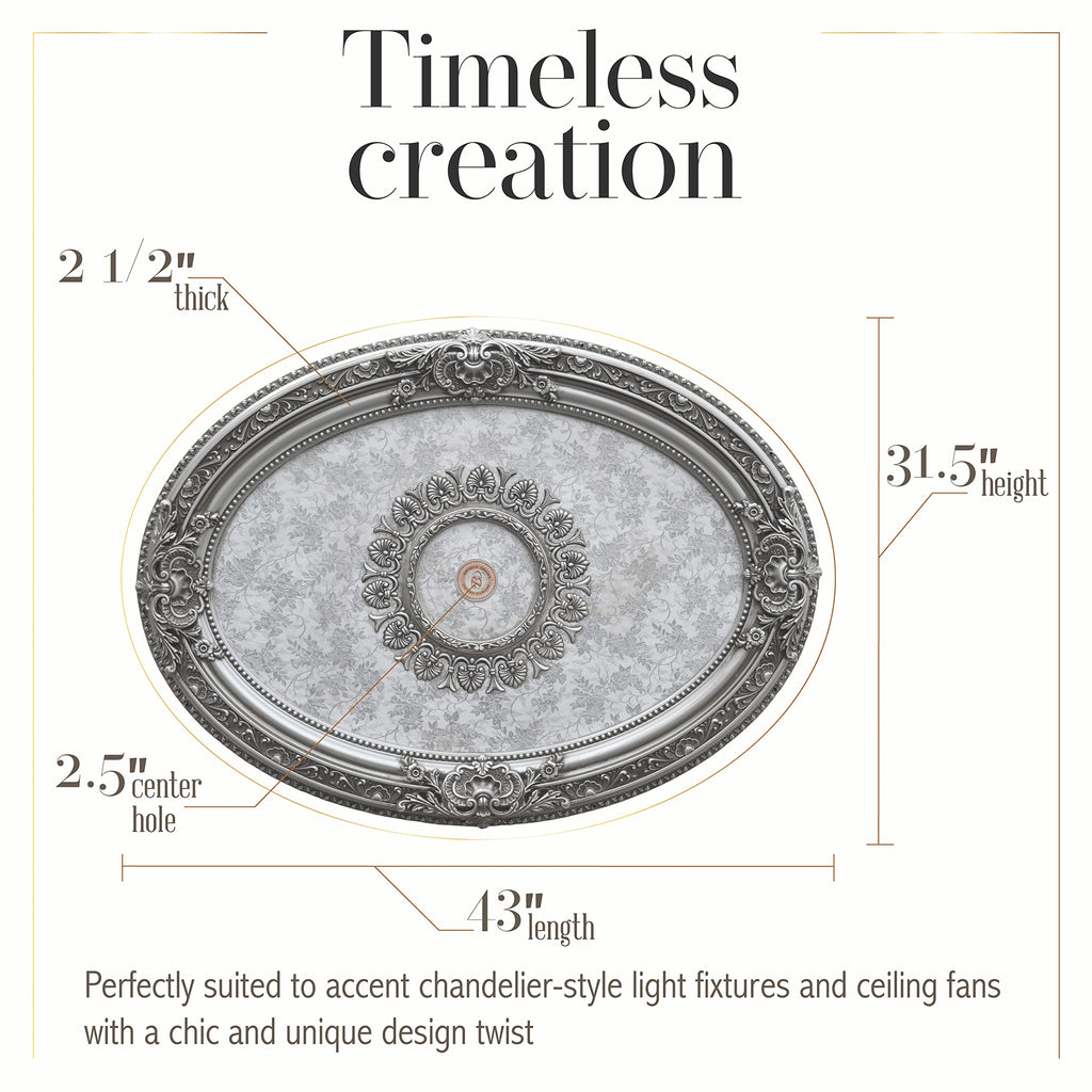 Petite Oval Round Chandelier Ceiling Medallion or Fan Medallion, 43 Inches, Silver