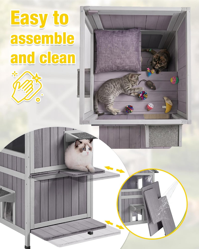 2-Story Cat House - Solid Wood Outdoor/Indoor Kitty Condo