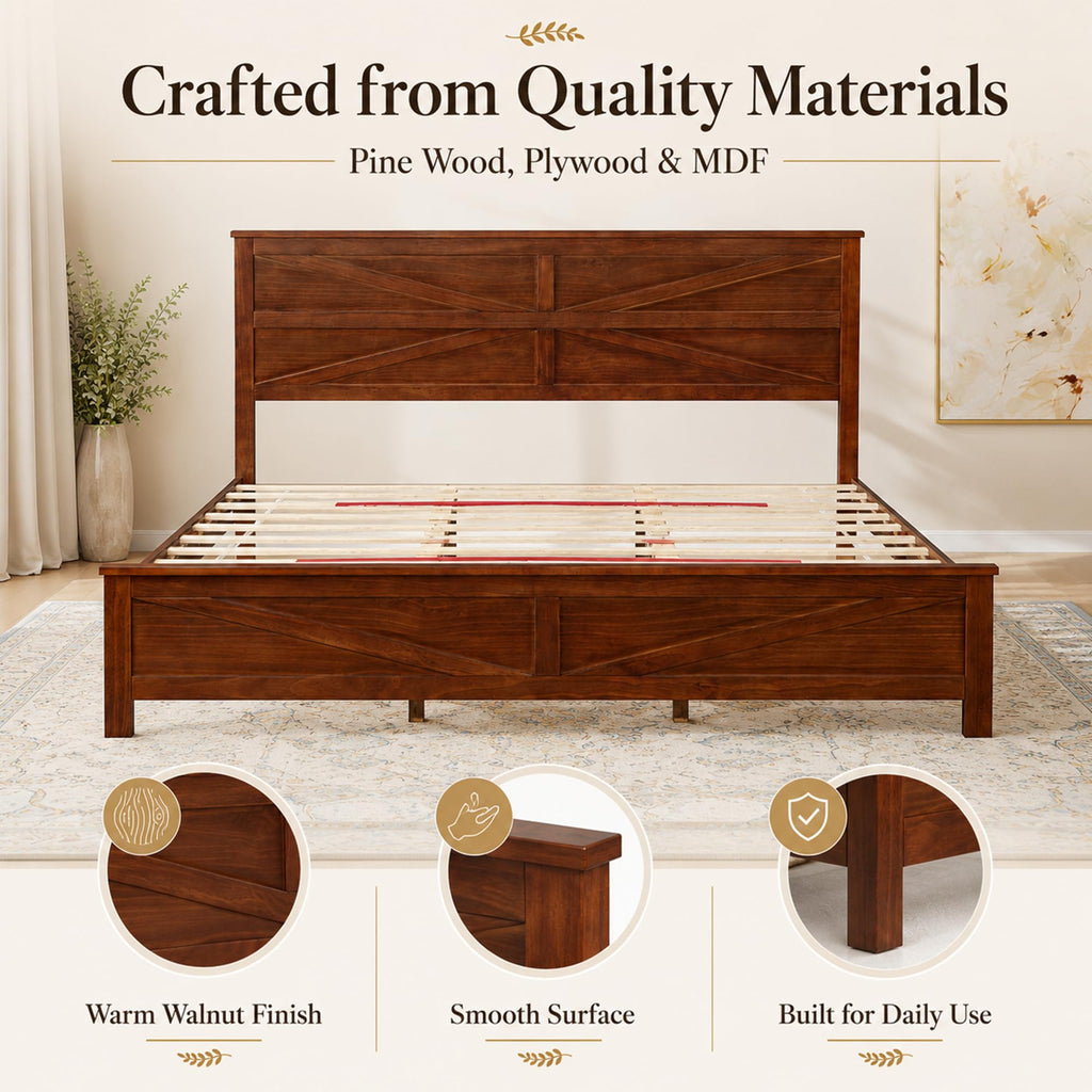 Farmhouse Bed Frame with Barn Door Headboard and Footboard, Wood Platform Bed Frame, No Box Spring