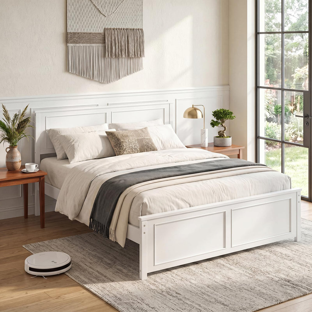 Queen Bed Frame, Farmhouse Wooden Platform Bed with Headboard