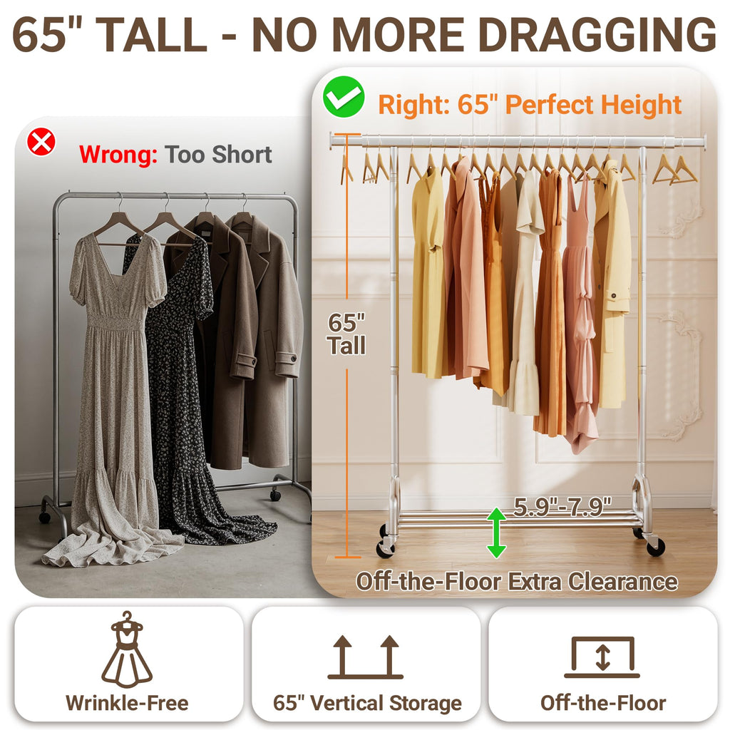 65" Clothes Rack, Heavy Duty Rolling Clothing Rack 380LBS