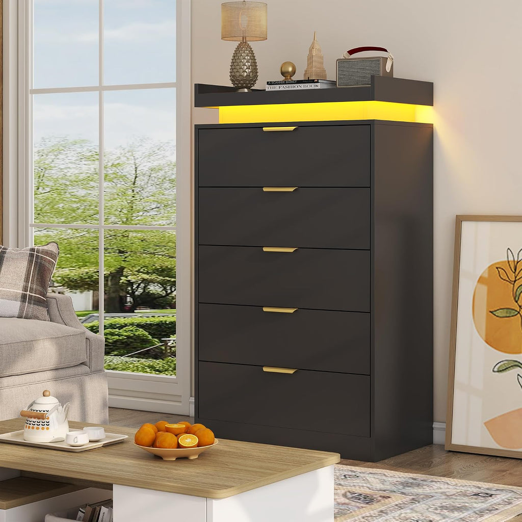 Tall Dresser , Black Dresser with LED Lights, Wood 5 Drawer Chest with Power Outlet, Modern Tall Chest of Drawers