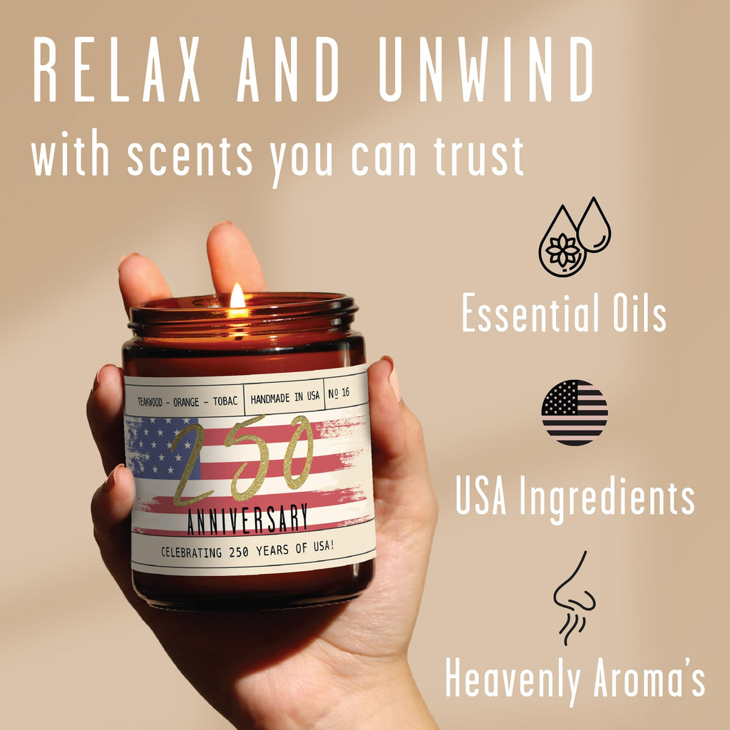 250 Anniversary USA Merchandise Women Patriotic Candles -w/Teakwood, Tobacco, Orange - 4th of July Candles Gifts for