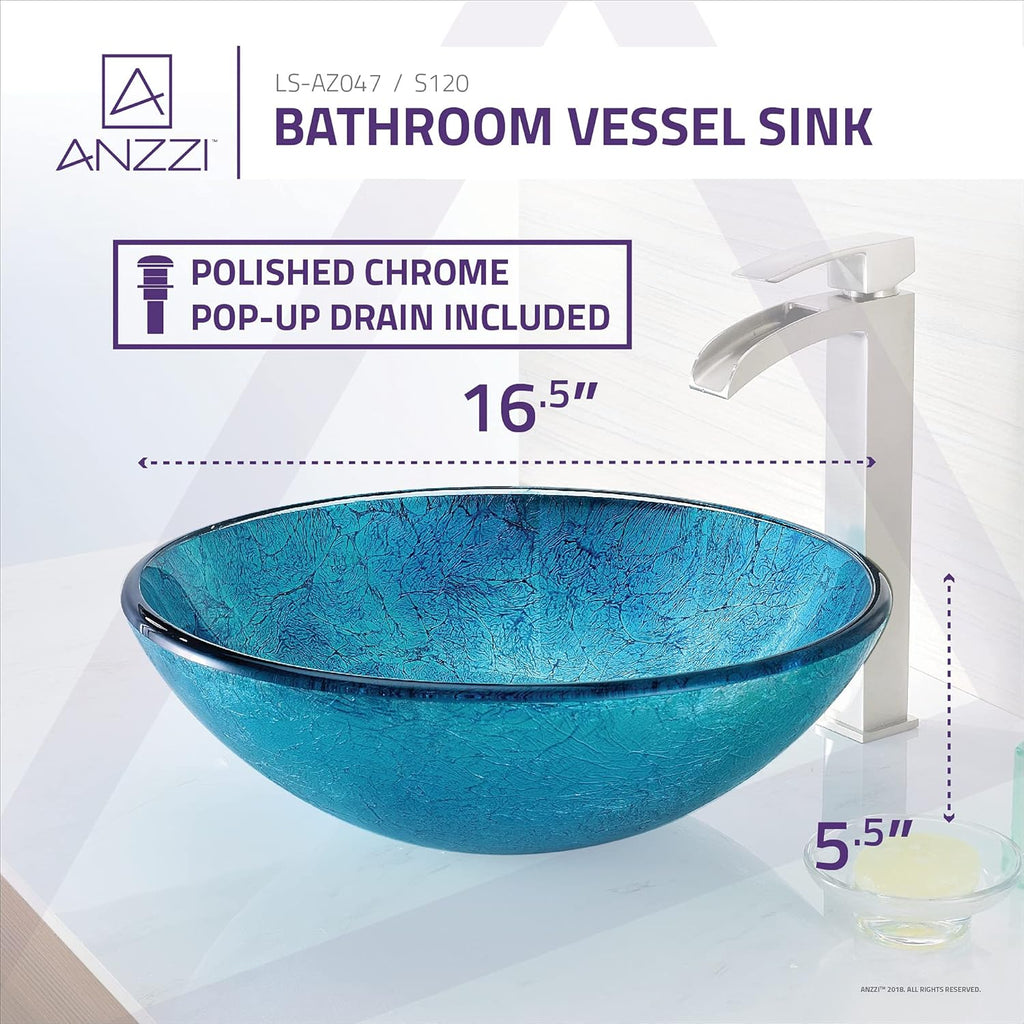 Accent Modern Tempered Glass Vessel Bowl Sink in Blue Ice, Aqua Top Mount Bathroom sinks above Counter
