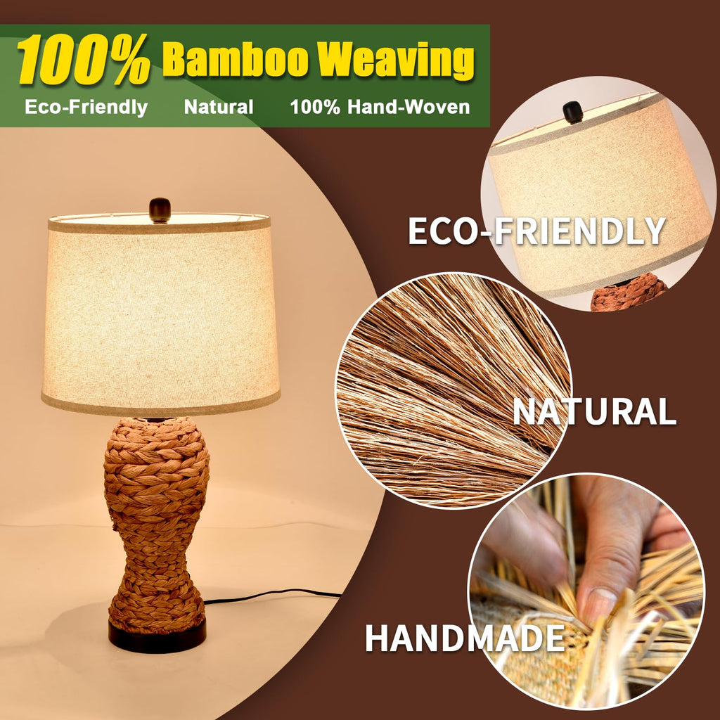 24.4" Boho Woven Seagrass Table Lamp | Rustic Farmhouse, Rattan Bedside Nightstand Lamp, Retro Wicker