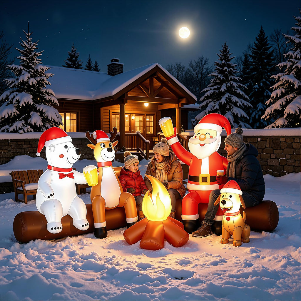 8FT Christmas Inflatable Outdoor Decoration with Built-in LEDs Lights, Blow-Up Santa Claus, Bear and Deer Keeping