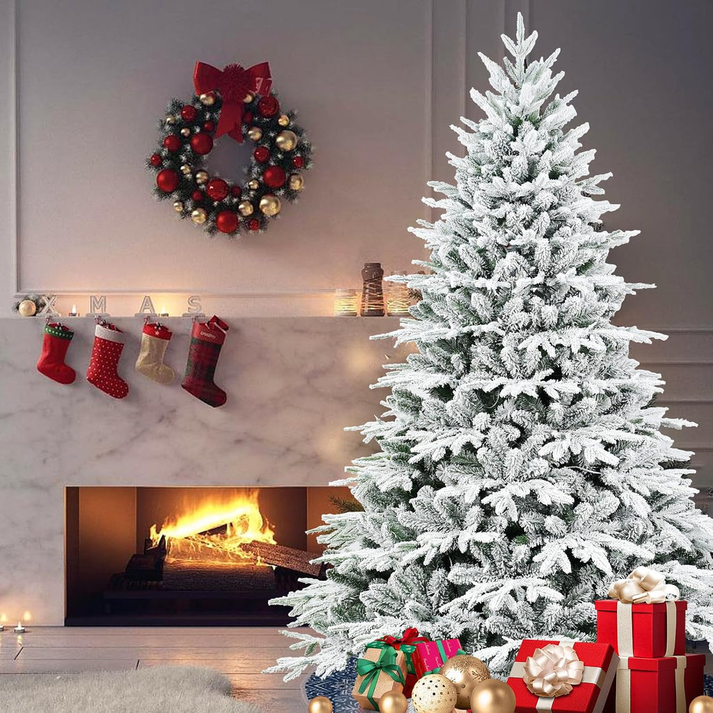 6ft Pre-Lit Snow Flocked Christmas Tree, 2,056 Tips, 400 Warm Lights