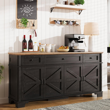 65 Inch Farmhouse Buffet Cabinet with Storage, Black Sideboard Buffet Cabinet with Adjustable Shelves & 3 Drawers