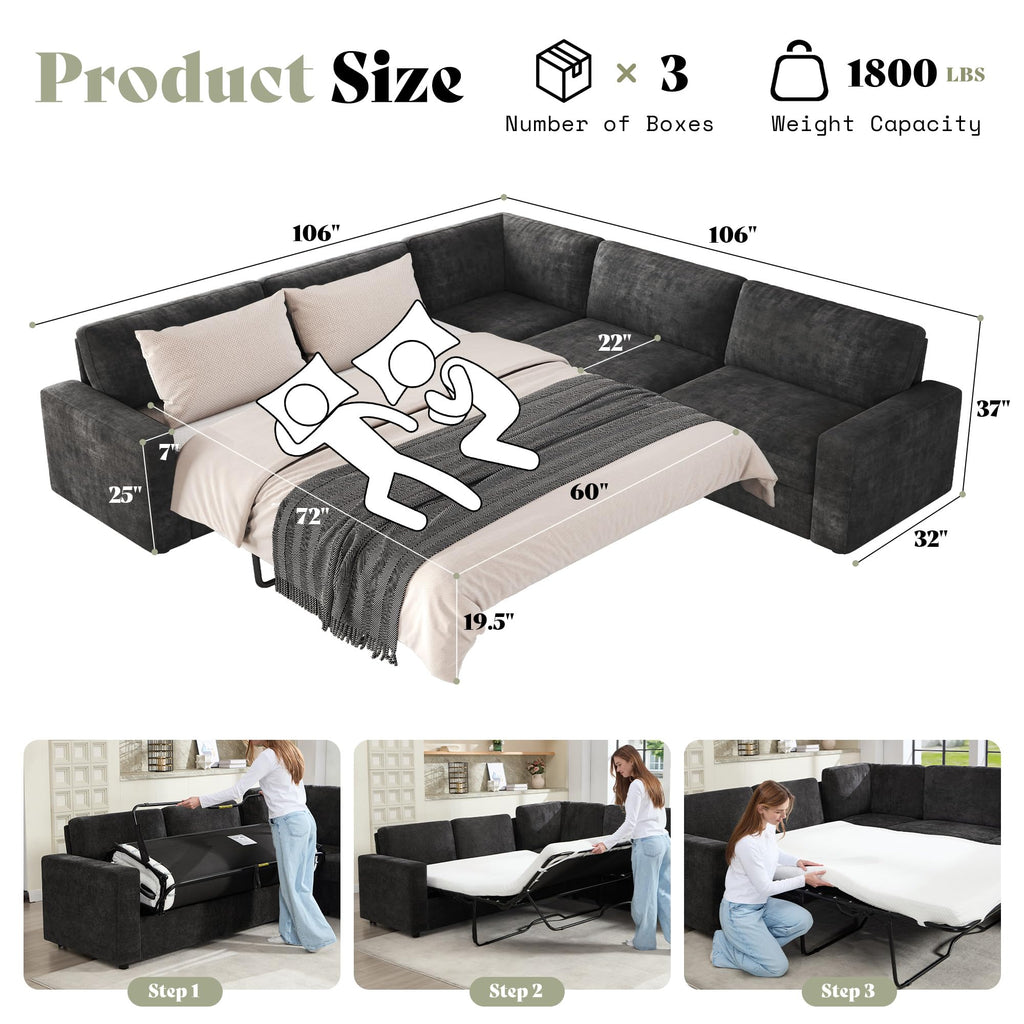 106" Sleeper Sofa, Sectional with Pull Out Bed with Storage, Gray