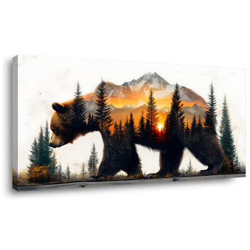 Brown Bear Forest Wall Art Office Retro Sunset Snow Mountain Rustic Wildlife Painting Prints Vintage Modern Art Deco