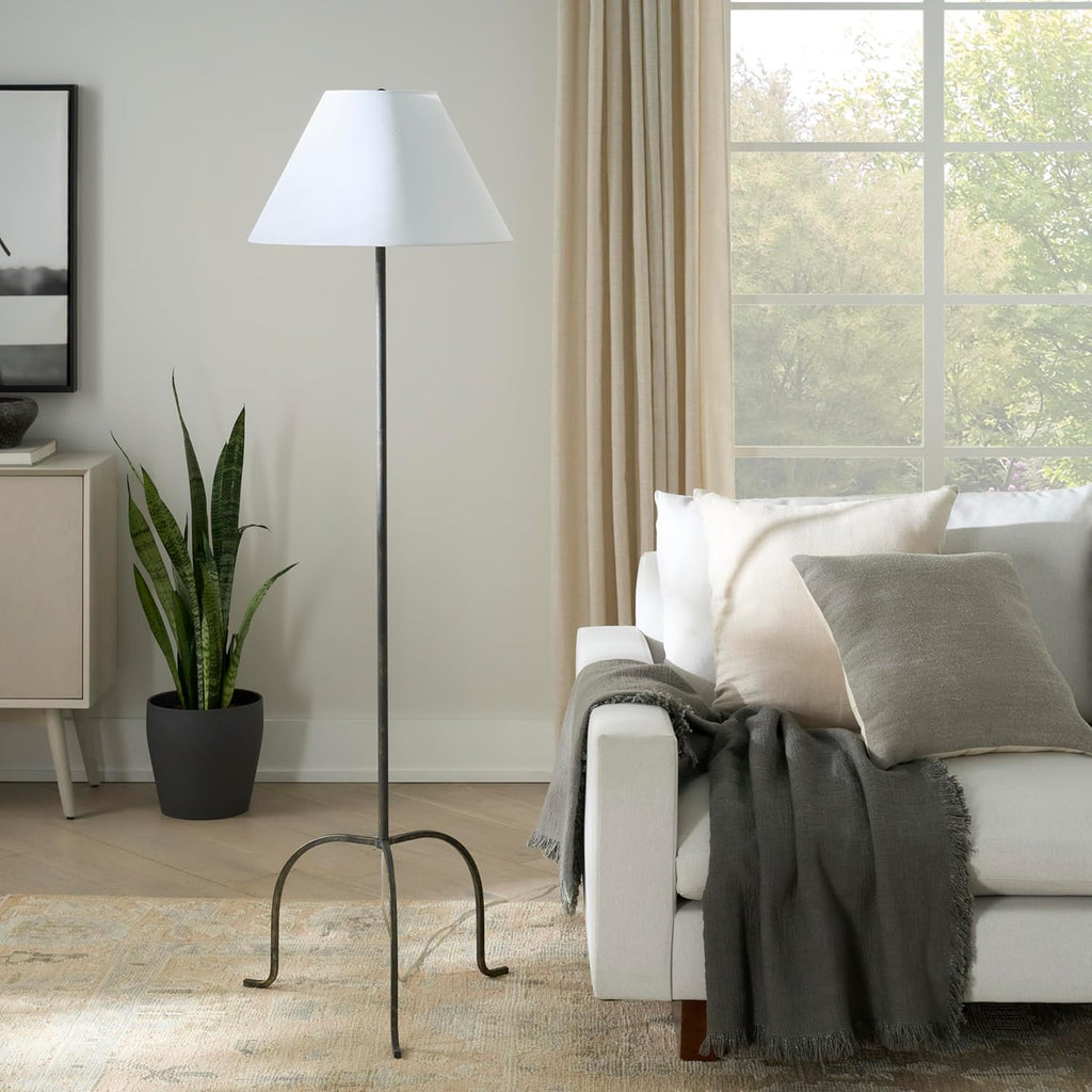 66" Black Wrought Iron Heritage Metal Slim Tripod Standing Floor Lamp for Modern, Industrial, Minima