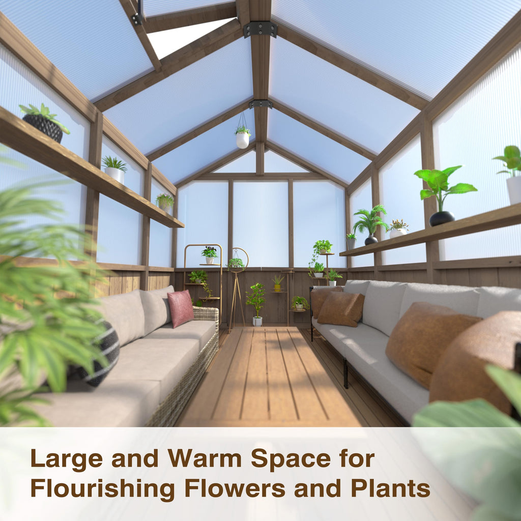 6 x 8 FT Wooden Polycarbonate Greenhouse with Ventilated Window and Lockable Door, 6mm MWPC Panels for UV Protection