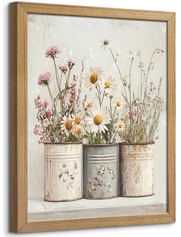 Daisy Floral Wall Art, Rustic Farmhouse Wood Framed Canvas 12x16 Inch