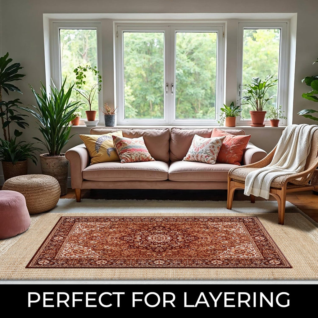 Jute & Wool Area Rug Handwoven Mini Check Pattern with 4-Inch Border - Natural Farmhouse Living Room, Dining
