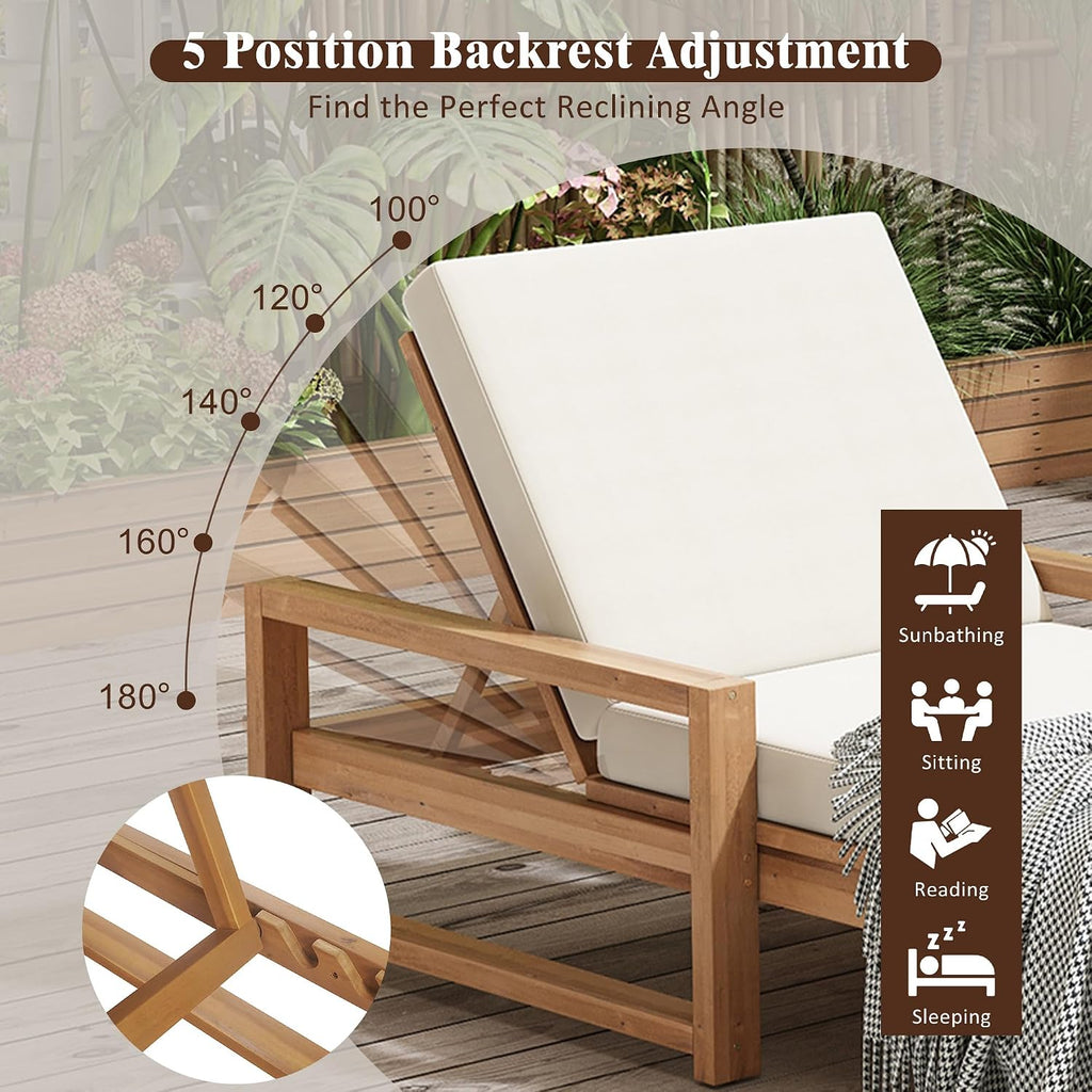 Acacia Wood Outdoor Chaise Lounge Set of 2, Patio 5-Postion Lounge Chairs with Adjustable Backrest & Beige Cushions