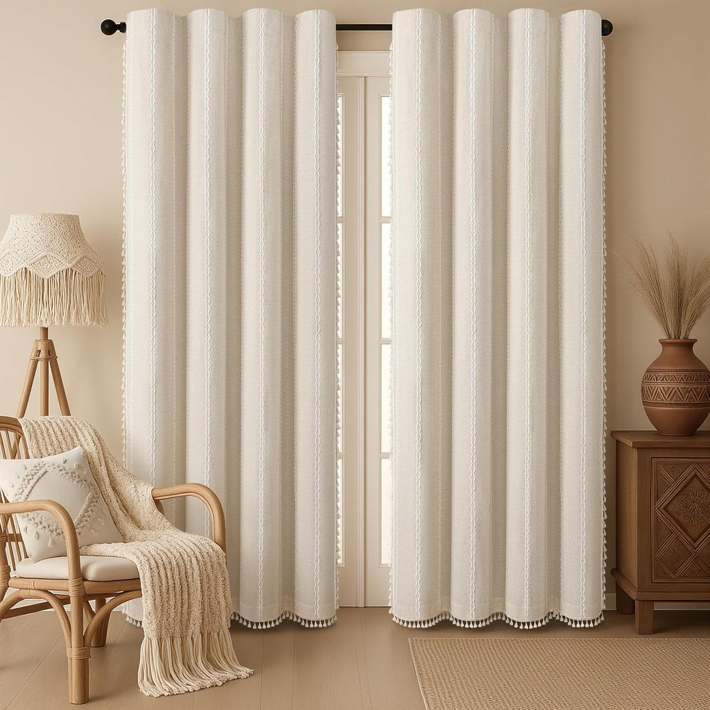 Boho Blackout Curtains 2 Panels 84 Inch for Living Room Bedroom, Beige Linen Texture Farmhouse Curtains with Tassels