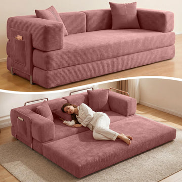 Convertible Futon Sofa Bed | 78.8" Corduroy Boneless Couch with Pull Out Sofa Bed, Comfy Futon Floor Couch with Side